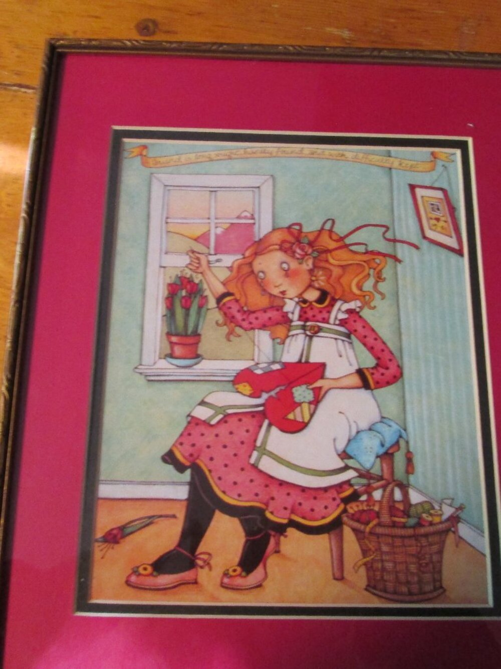 Vtg Mary Engelbreit matted framed under glass picture mending a broken heart